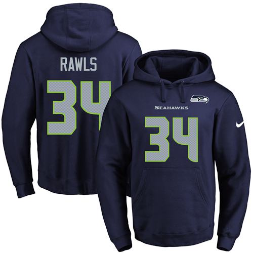 Nike Seahawks #34 Thomas Rawls Navy Blue Name & Number Pullover NFL Hoodie - Click Image to Close